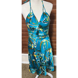 Y2K Morrell Maxie Dress 100% silk sz 8 Teal Satin Halter Cocktail party Fairy
